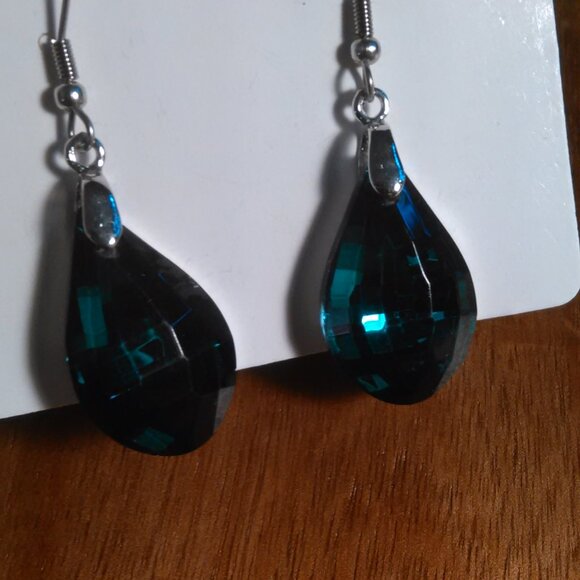 Green Glass Silvertone and Stainless Steel Drop Earrings - Picture 14 of 15